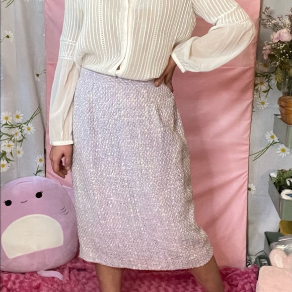 Vintage pastel purple lavender rainbow twill silver sparkle midi pencil skirt - Picture 2 of 8